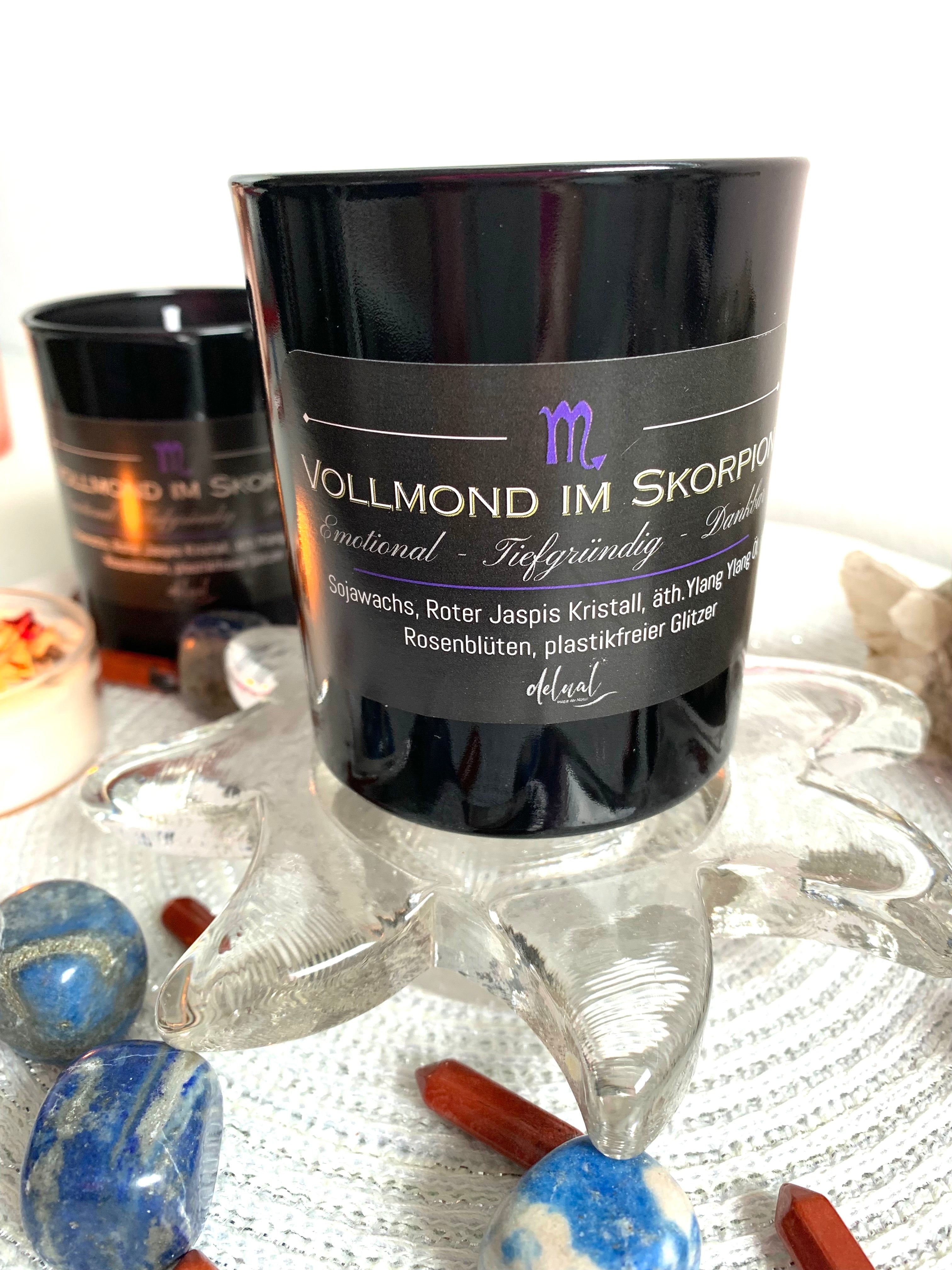 Vollmond im Skorpion Kristallkerze, ätherische Öle und Rosenblüten, limitiert
