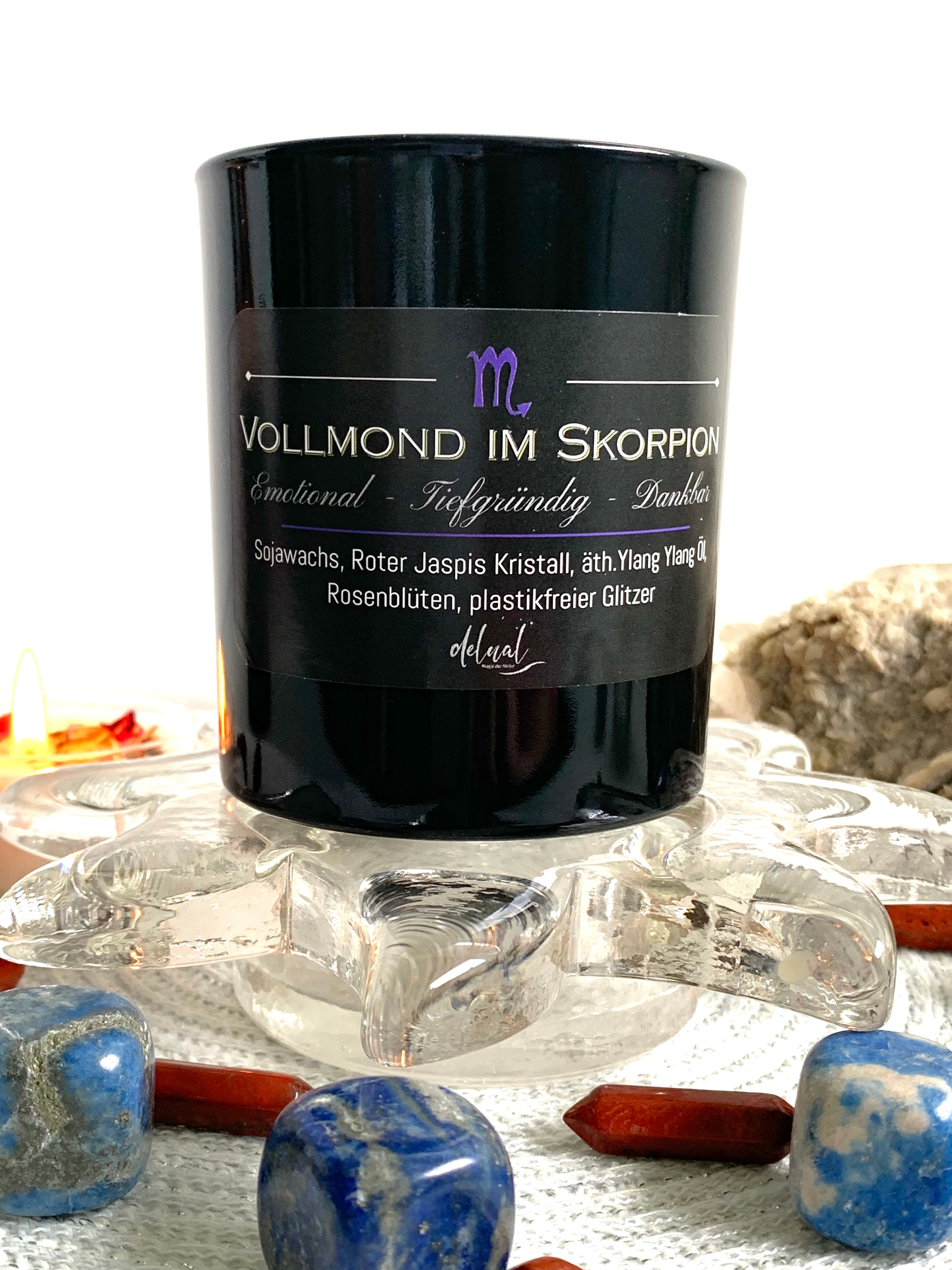 Vollmond im Skorpion Kristallkerze, ätherische Öle und Rosenblüten, limitiert
