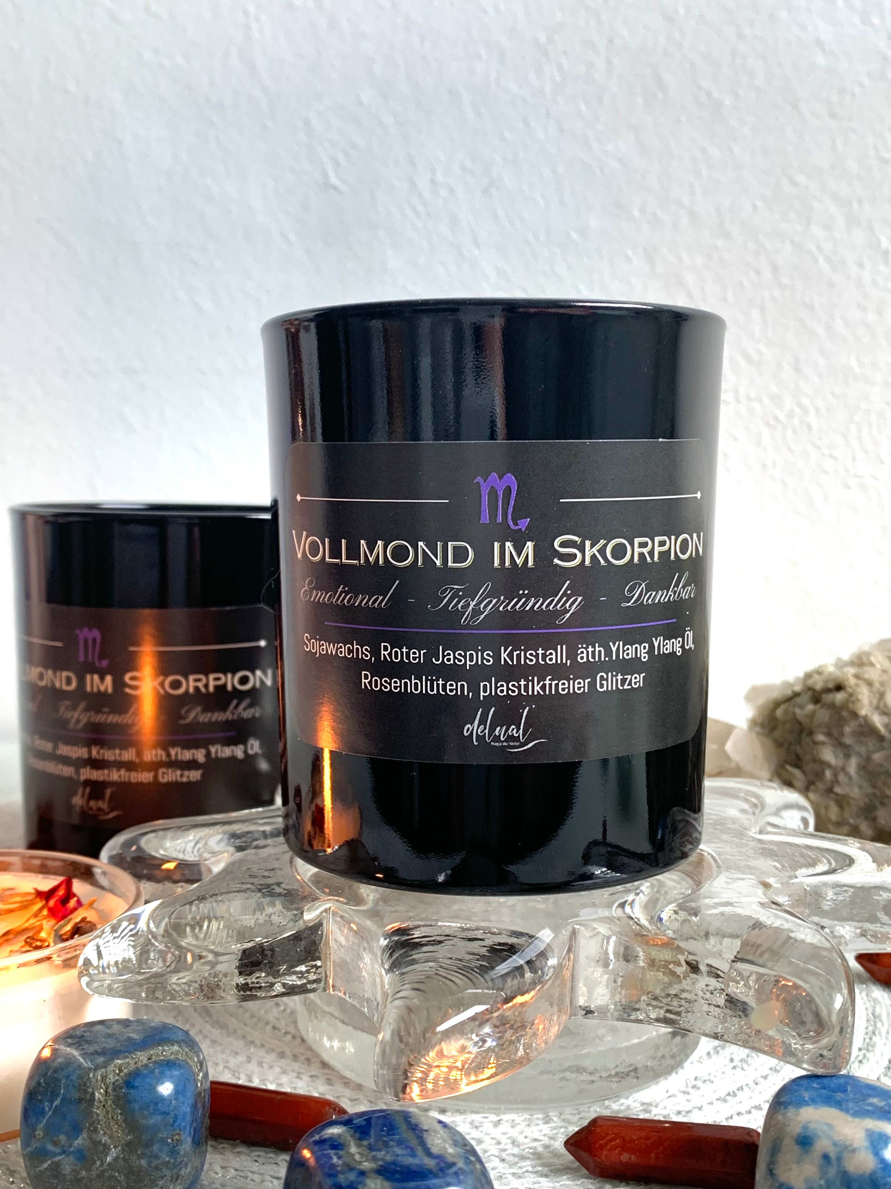 Vollmond im Skorpion Kristallkerze, ätherische Öle und Rosenblüten, limitiert