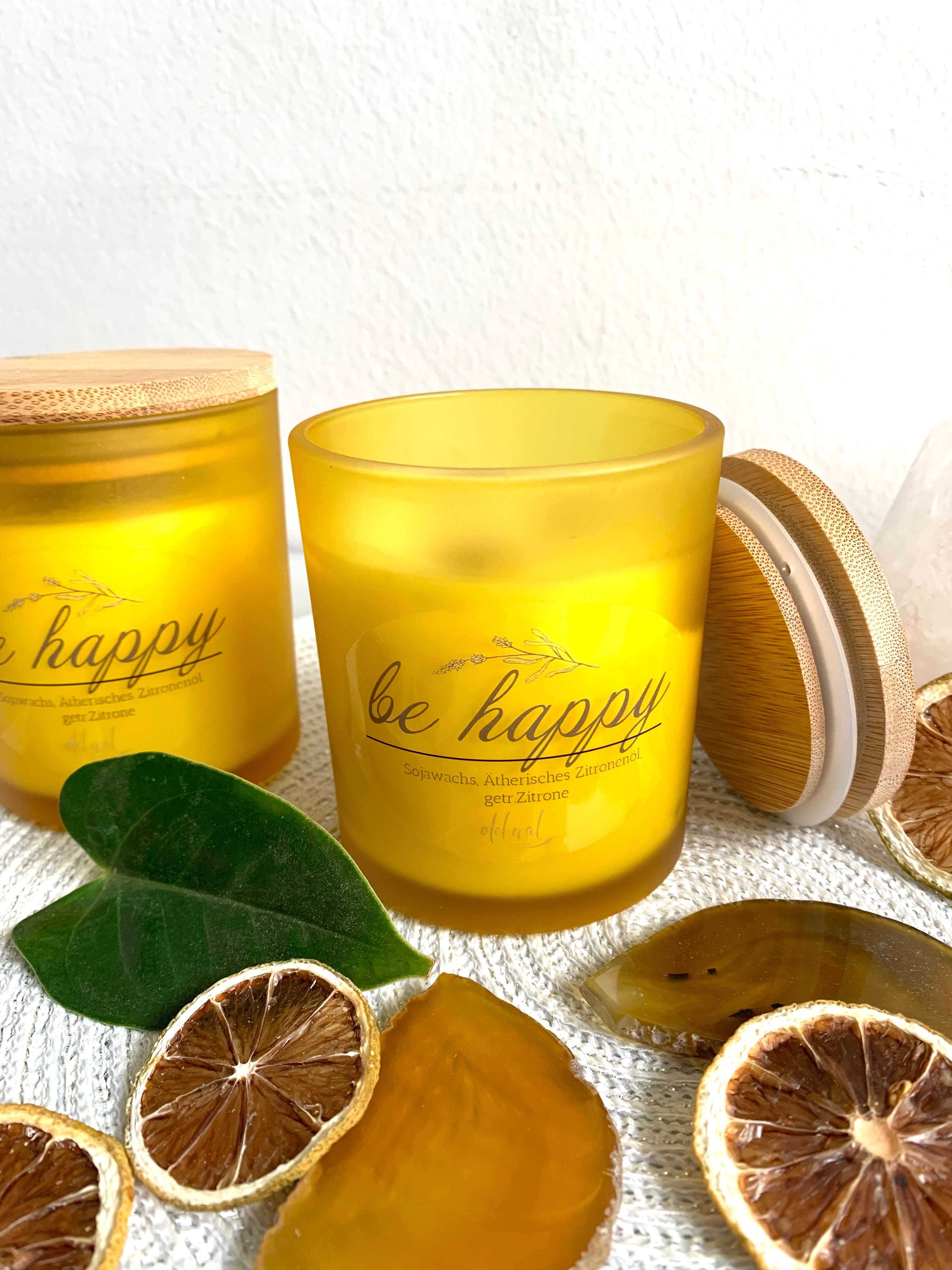 Selbstfürsorge Kristallkerze "BE HAPPY" mit Holzdeckel