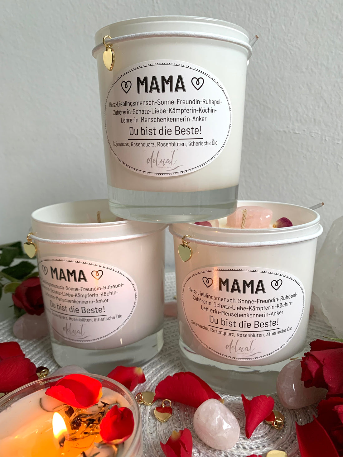 Mama Kristallkerze mit Rosenquarz und 18 Karat vergoldeter Herzanhänger