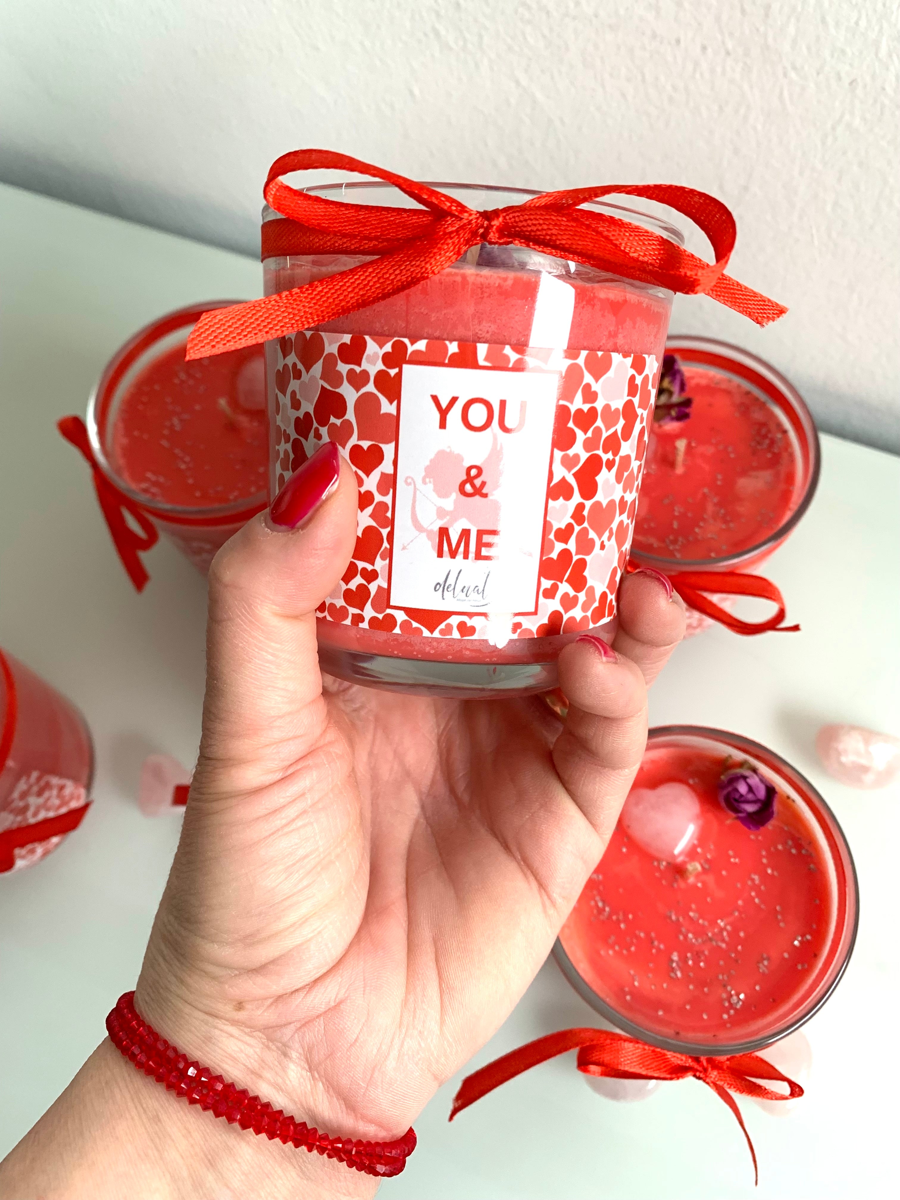 Kristallkerze "you & me" mit Rosenquarz-Herz