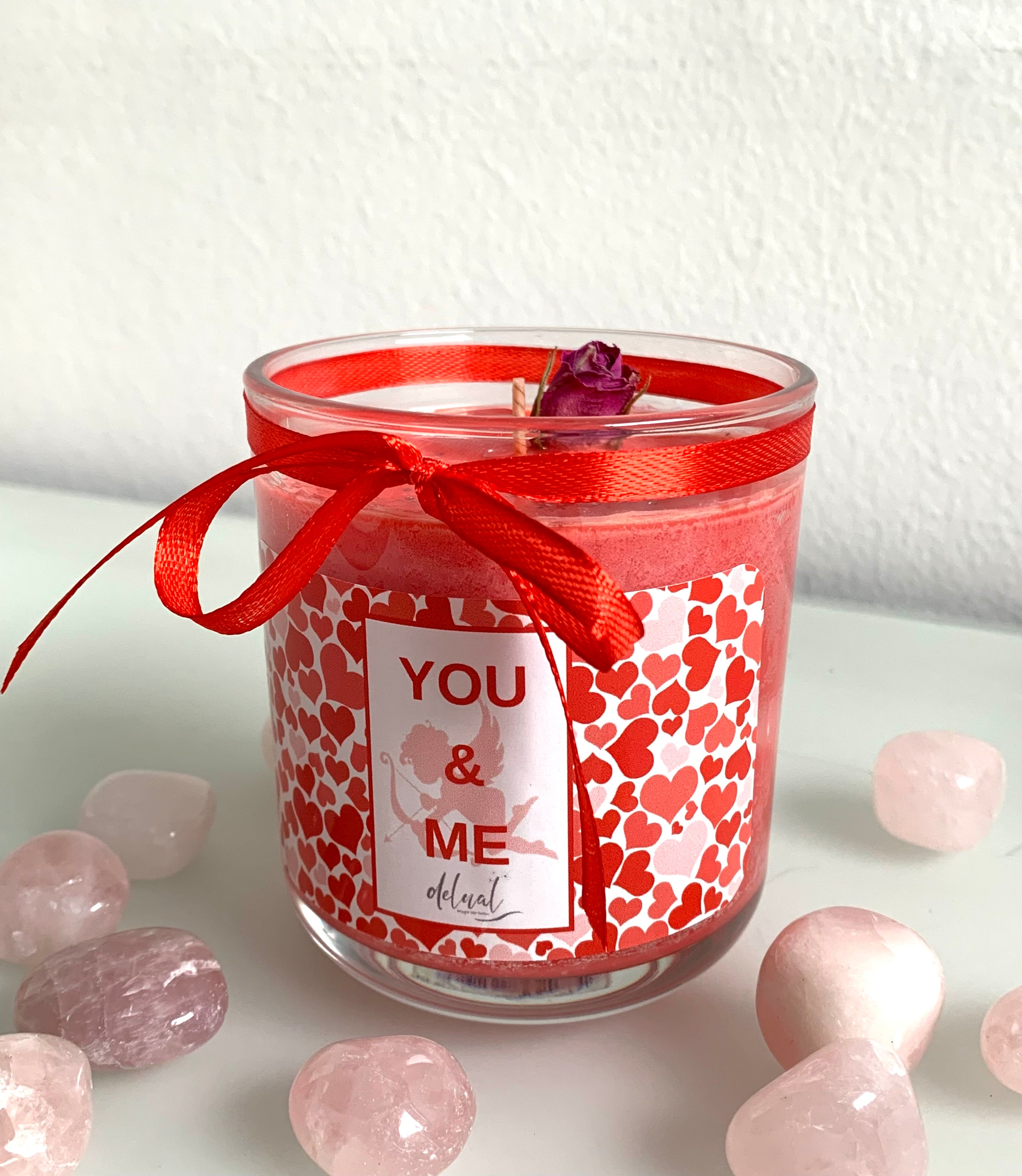Kristallkerze "you & me" mit Rosenquarz-Herz
