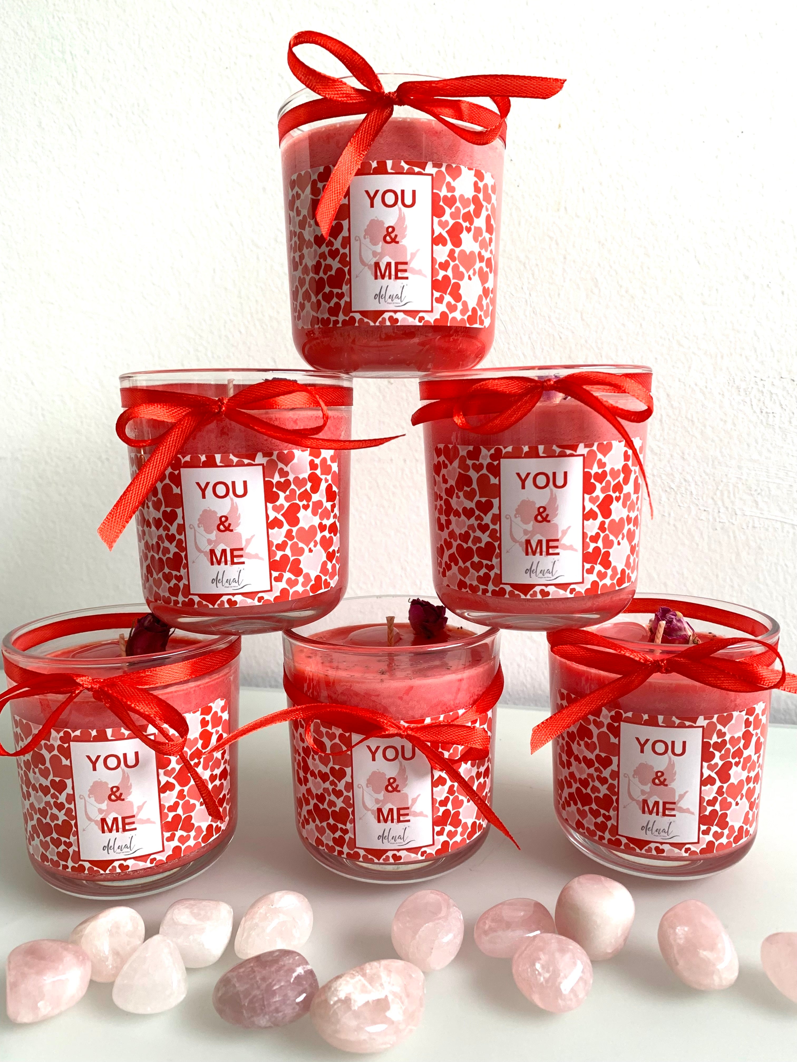 Kristallkerze "you & me" mit Rosenquarz-Herz