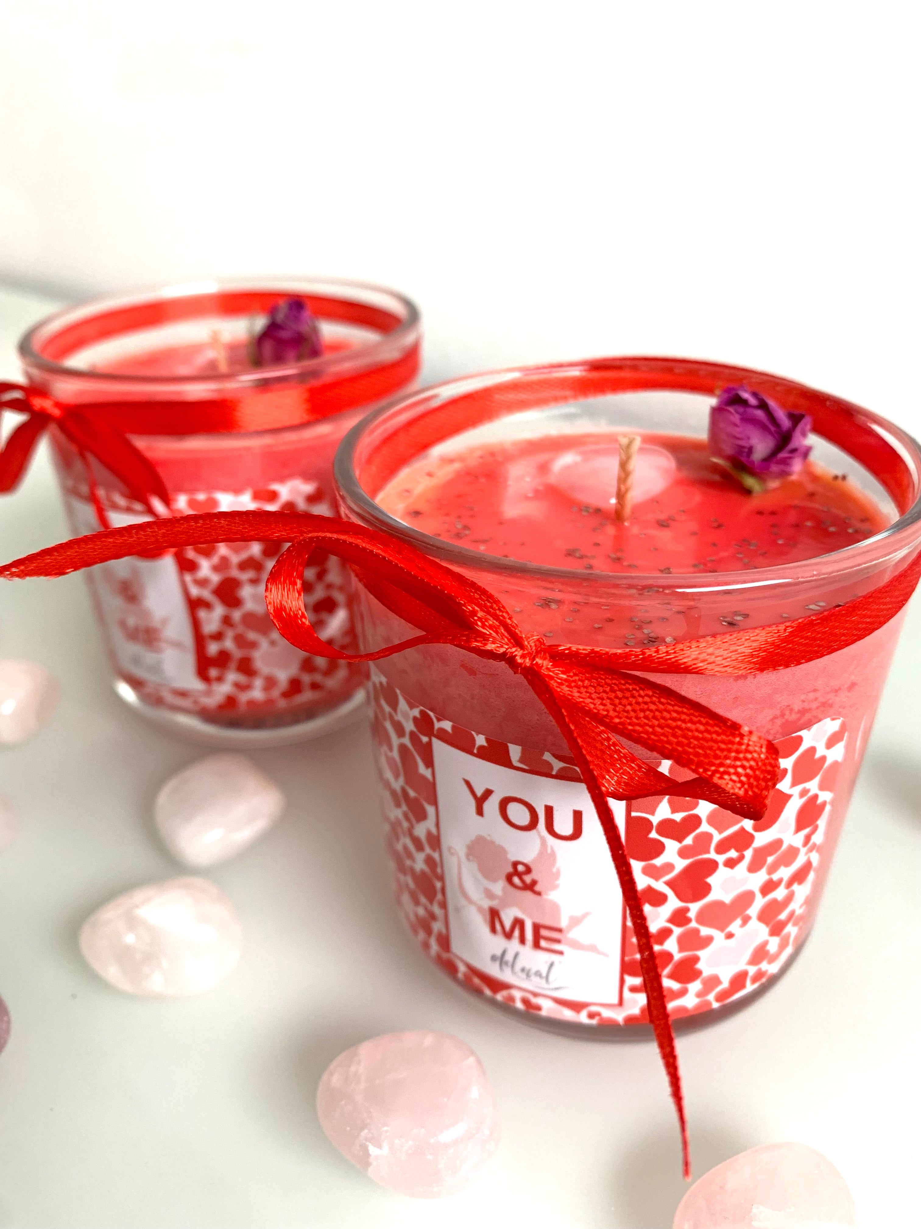 Kristallkerze "you & me" mit Rosenquarz-Herz