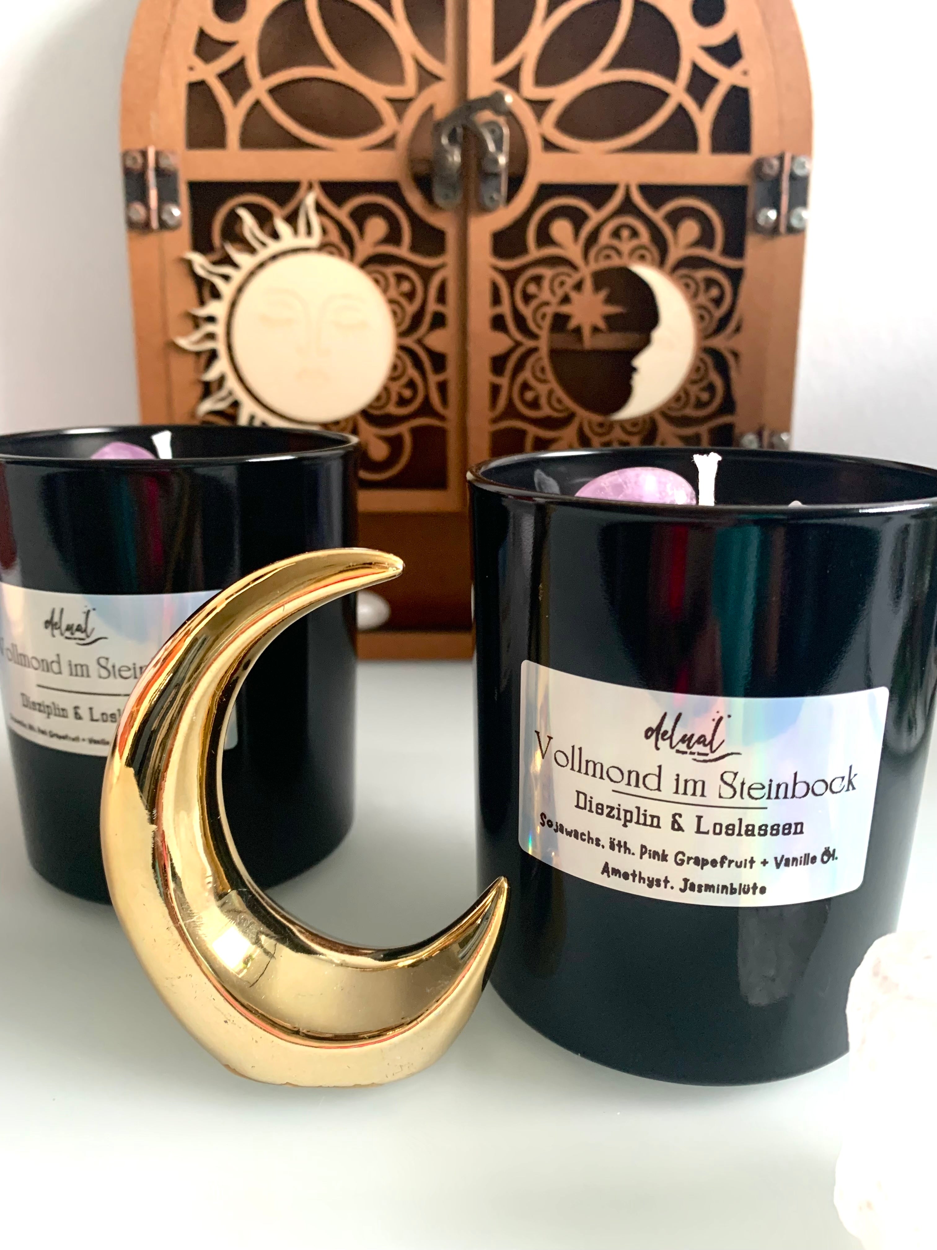 Vollmond Kristallkerze im Sternzeichen Steinbock, Disziplin & Loslassen, mit ätherischen Ölen und Blüten