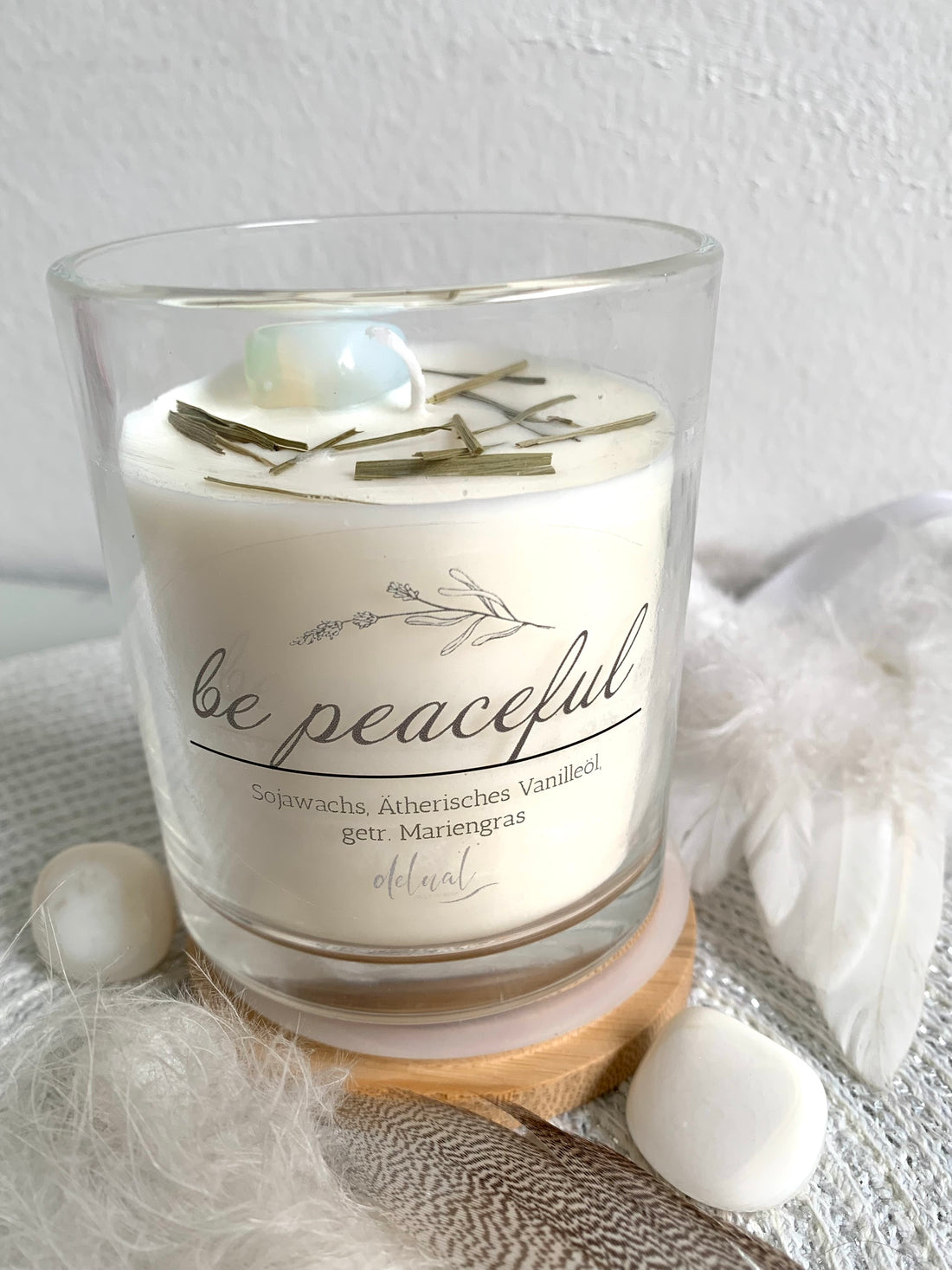 Selbstfürsorge Kristallkerze "BE PEACEFUL" mit Holzdeckel