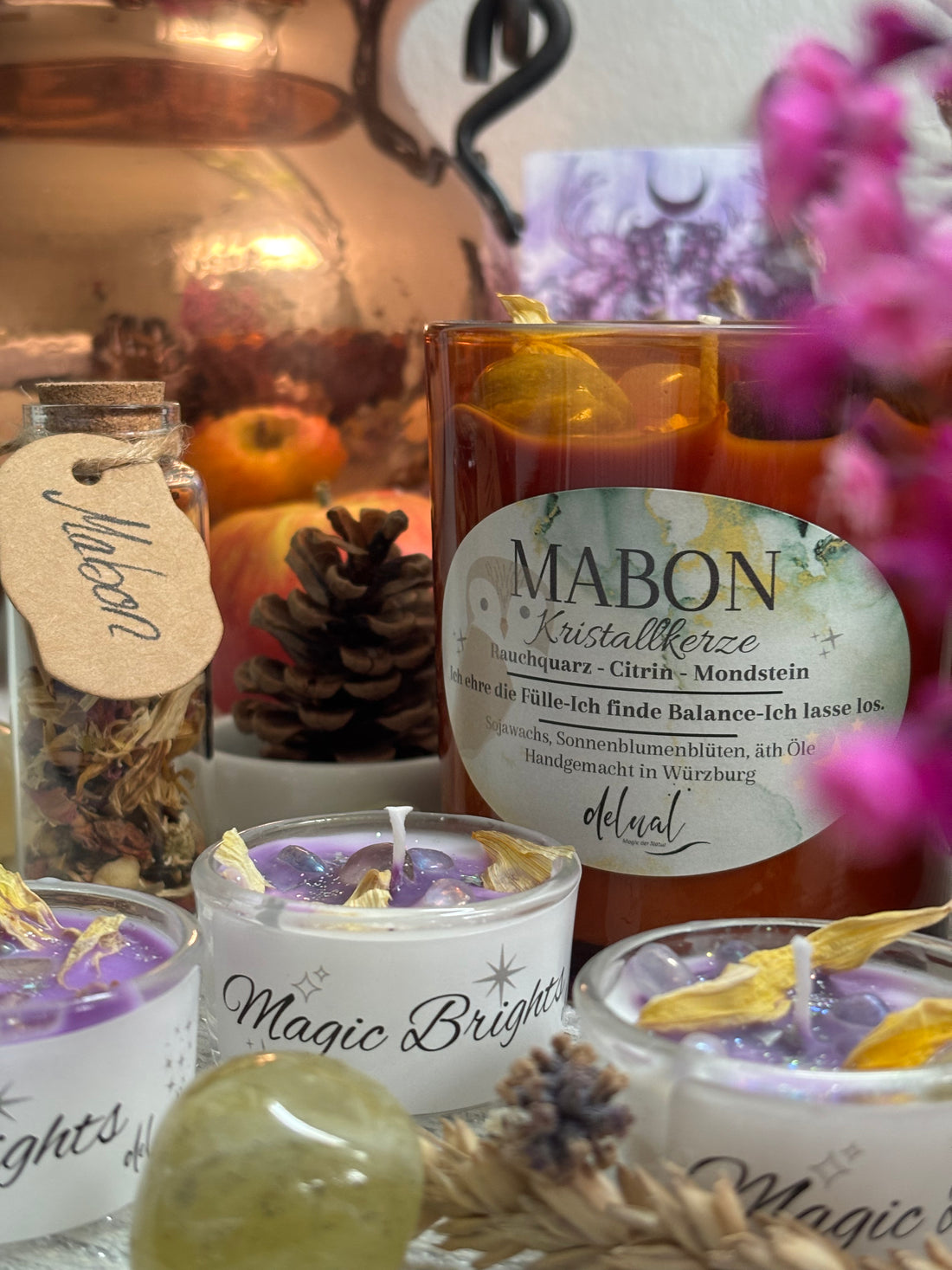 MABON KRISTALLKERZE - SOJAWACHS, MANDARINE, RAUCHQUARZ, MONDSTEIN & CITRIN, limitiert