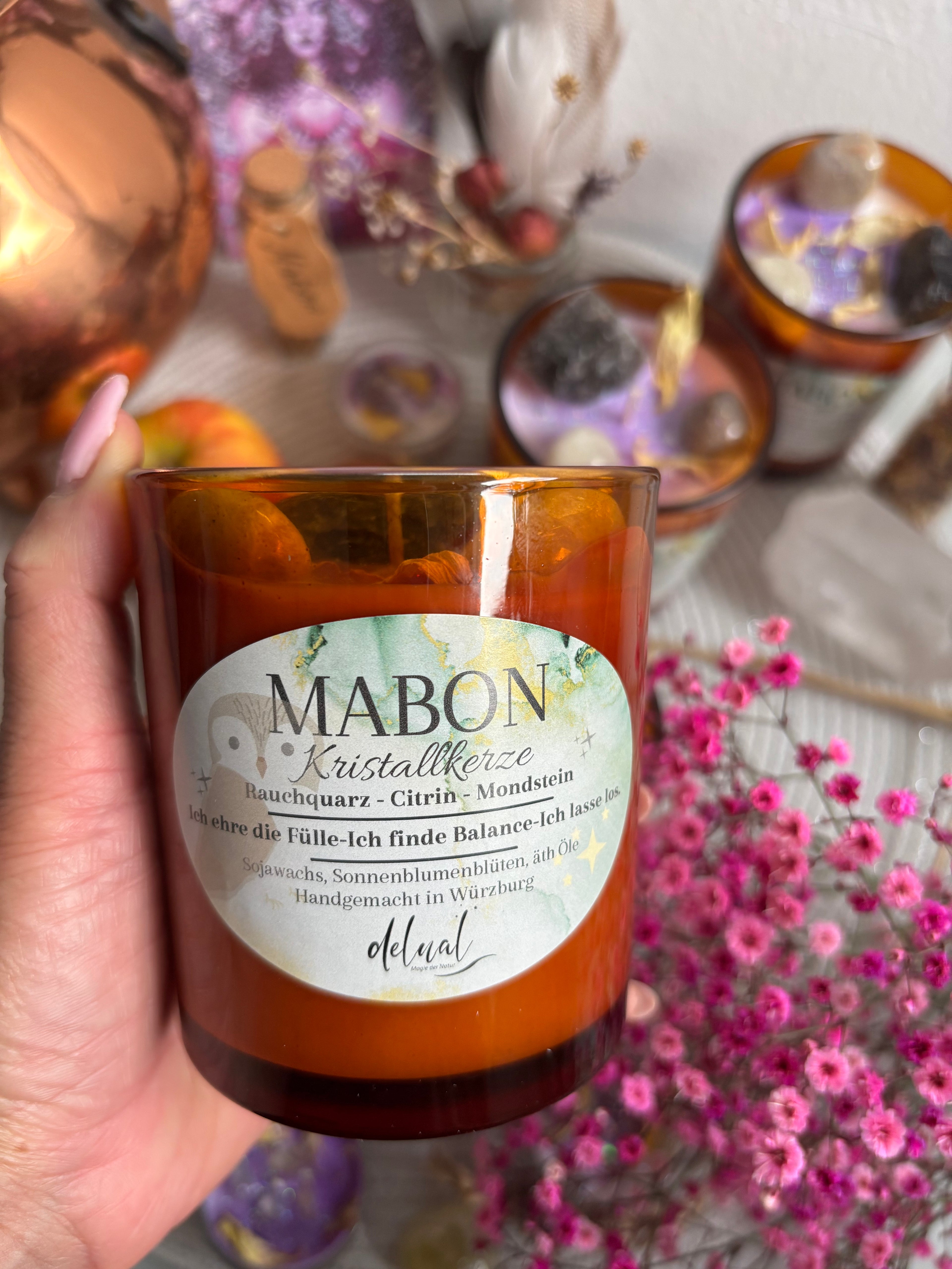 MABON KRISTALLKERZE - SOJAWACHS, MANDARINE, RAUCHQUARZ, MONDSTEIN &amp; CITRIN, limitiert