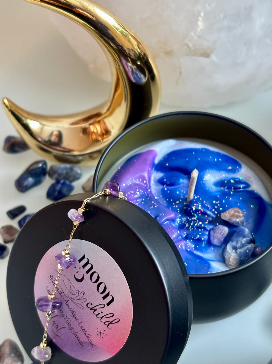 Moon Child Ritualset - Amethyst Armband & Vanille-Jasmin Kerze für innere Magie